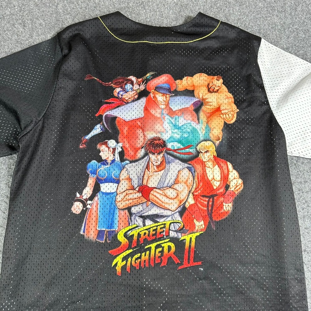 Street Fighter II Mens Baseball Jersey Black White Split Kanji Graphic Shirt M - Picture 8 of 14